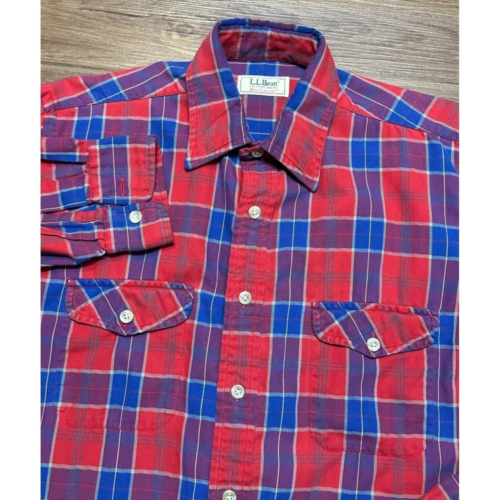 VTG LL Bean MacFlannel Button Up Shirt Red Blue Plaid Gorpcore Sz M USA Made